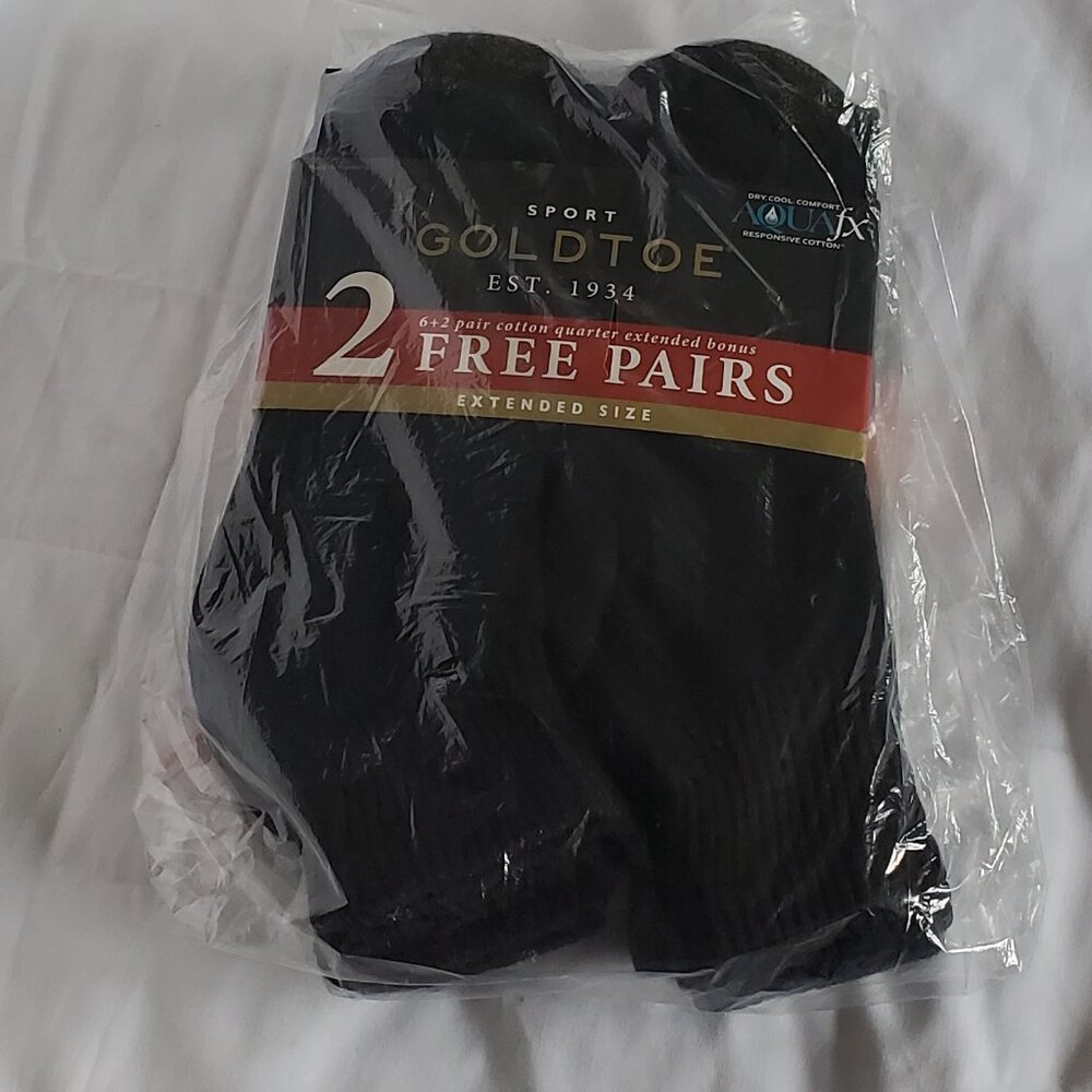 BRAND NEW! 6+2 Men's black gold toe cotton quarter socks -extended size 12-16